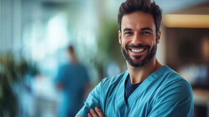 Obraz premium Smiling male healthcare professional in blue scrubs standing confidently in hospital setting