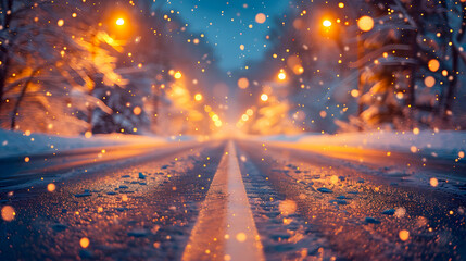 Snowy Road Through Quiet Suburban Neighborhood at Night