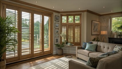 Fototapeta premium Elegant Wooden Interior Shutters in a Bright Modern Living Room - Panoramic View of Shuttered Windows with Natural Light and Cozy Decor Elements