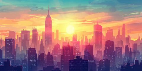 Fototapeta premium A peaceful city waking up to a bright sunrise, with the sun emerging from behind towering buildings.