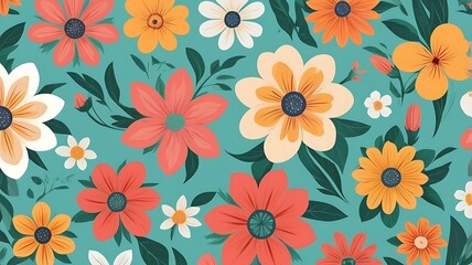 A Colorful Floral Pattern with Orange, Red, and White Flowers on a Teal Background