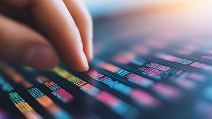 A hand hovers over a colorful digital interface displaying data sequences, suggesting analysis or interaction with technology and information.