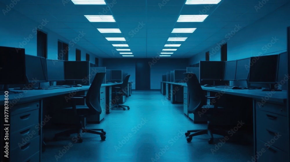 Poster a dimly lit office space with blue lighting, featuring rows of desks and computer monitors, creating