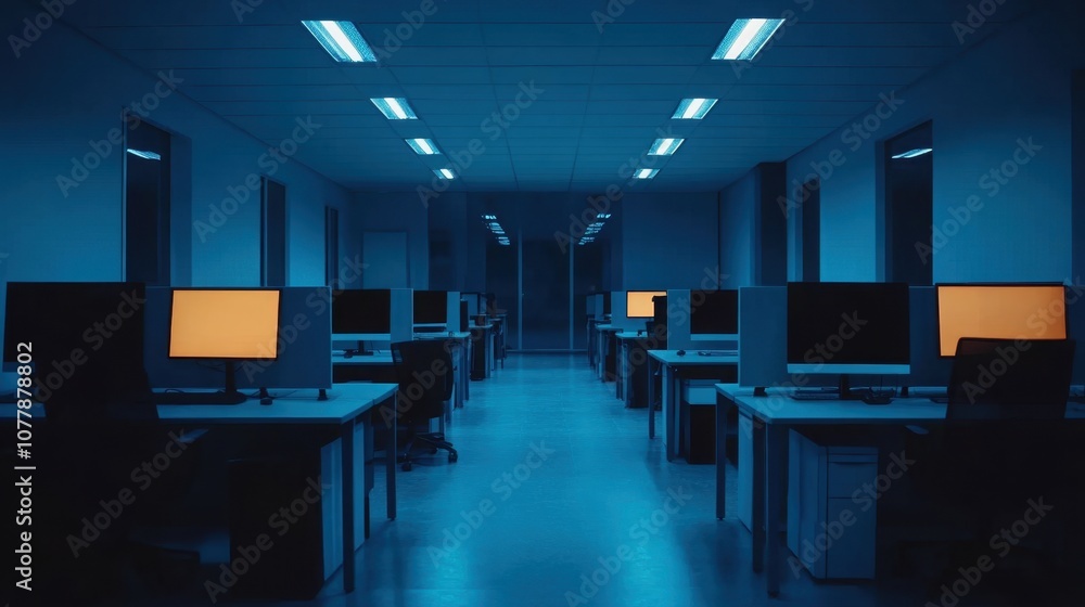 Poster a dimly lit office space featuring rows of computers with orange and blue lighting, creating a myste