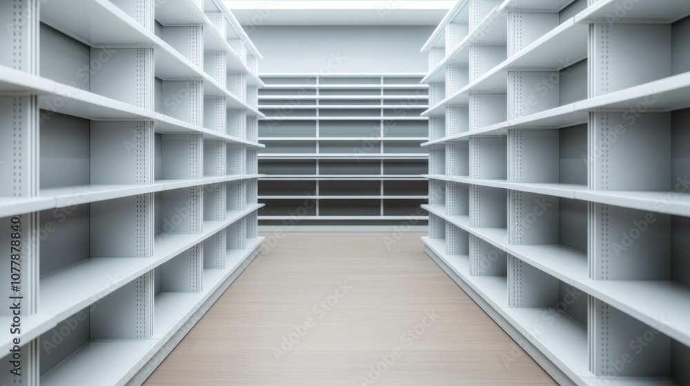 Poster a minimalist interior featuring empty white shelves, creating a sense of space and simplicity in a b
