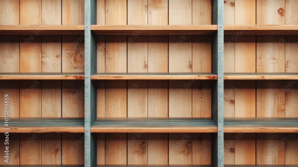 Poster a wooden shelving unit with multiple empty shelves, featuring a rustic design and a weathered appear