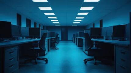 A dimly lit office space with blue lighting, featuring rows of desks and computer monitors, creating an eerie, quiet atmosphere.