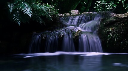 Obraz premium Serene waterfall cascading over mossy rocks in a lush green forest.
