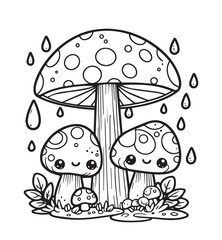 Coloring page design cute mushroom rain 