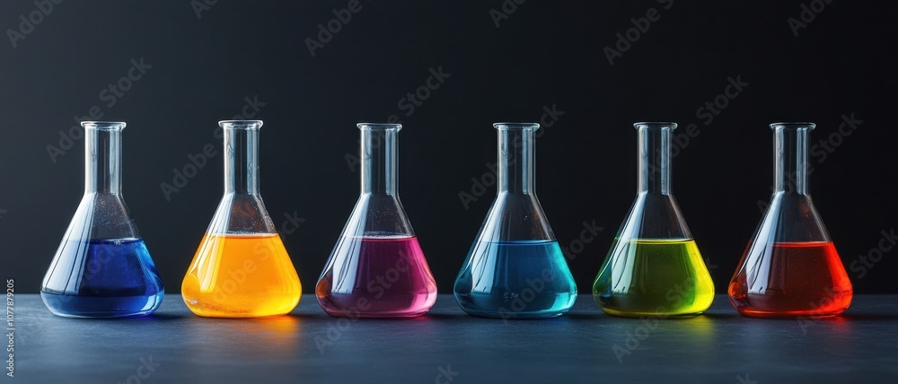 Poster a vibrant array of colored liquids in flask containers, reflecting a scientific experiment or labora