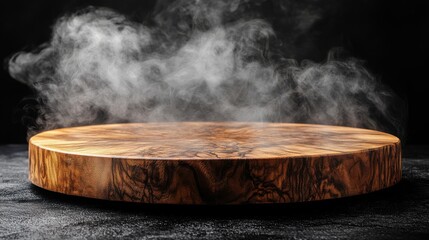 Smoky wooden cutting board with steam rising
