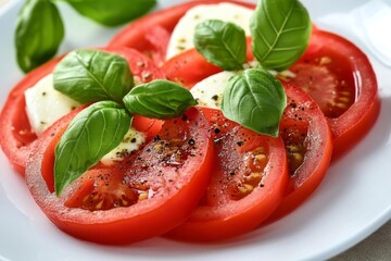 Close-up of a Caprese Salad with Fresh Basil and Black Pepper