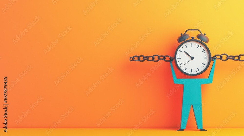 Poster a colorful illustration of a figure lifting a clock with chains, symbolizing the weight of time and 