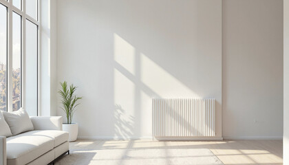 Fototapeta premium Minimalist living room with bright sunlight, empty walls, and modern radiator, heating concept
