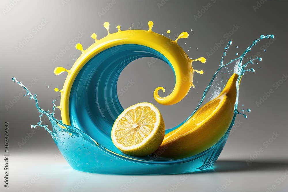 Poster vibrant lemon wave swirl design with dynamic drops and splashes in 3d