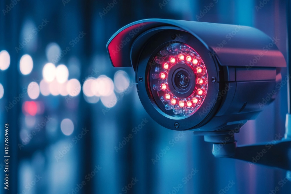Poster security camera with red led lights and bokeh background