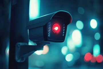 A Security Camera Mounted on a Pole at Night with Blurry Lights in the Background