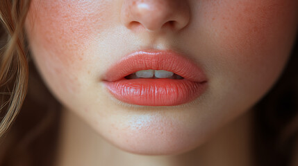Naklejka premium Close-up of Natural Coral Lips with Freckles on Fair Skin, Soft Natural Beauty Portrait, Concept of Authenticity and Natural Beauty