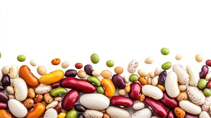 A colorful assortment of various beans arranged artistically on a white background.
