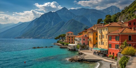 Fototapeta premium Picturesque Coastal Village: Colorful Buildings, Stunning Mountains, and Clear Blue Waters for Urban Exploration Photography