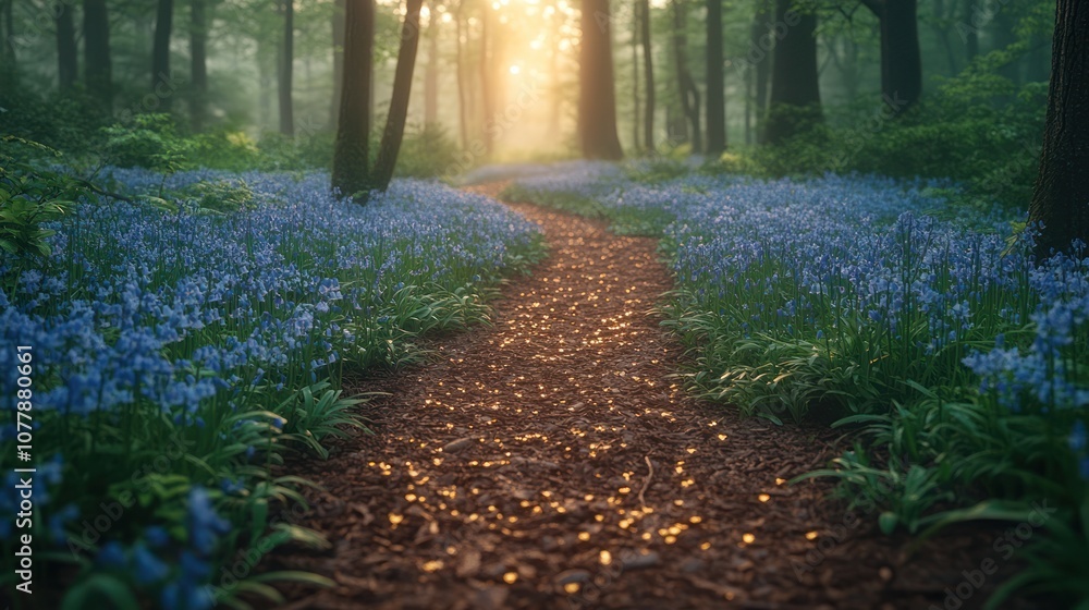 Poster sunbeams illuminate a path through a forest filled with bluebells.