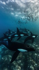 Fototapeta premium A group of orcas swimming underwater, showcasing their sleek bodies and dynamic movement.