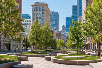 Stunning Urban Parks with Stone Elements Against Vibrant Backgrounds