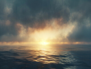 Obraz premium A peaceful sunrise behind a cloudy sky, with the soft light gradually breaking through and illuminating the horizon.