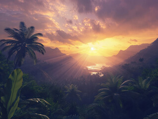 Obraz premium A peaceful sunrise over an exotic travel destination, with the light casting a magical glow over the landscape.