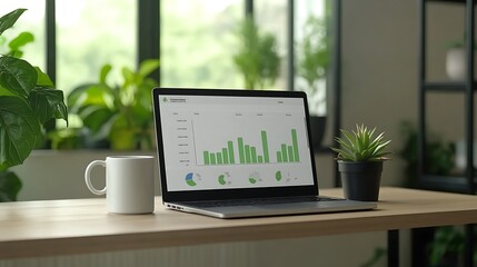 Fototapeta premium Laptop displaying charts on a minimalist desk