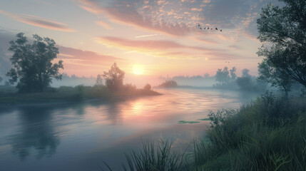 Obraz premium A peaceful sunrise over a winding river, the soft light reflecting off the water and creating a calm, serene atmosphere.