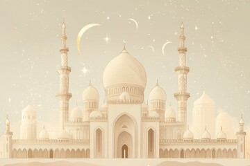 A Detailed Illustration of a Mosque with Golden Crescent Moons and Stars