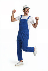 A happy construction worker in blue overalls and hard hat celebrating success. The man appears excited, showing enthusiasm and positivity on a white background.