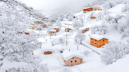 Naklejka premium picturesque village blanketed in first snowfall of season, showcasing charming orange houses amidst serene white landscape. scene evokes sense of tranquility and winter beauty