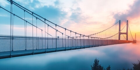 A suspension bridge spans a misty landscape at sunrise, showcasing architectural beauty.