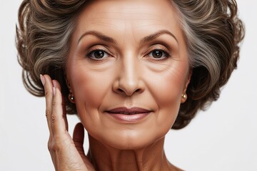 Fototapeta premium Stunning 70s Mature Woman Portrait Capturing Timeless Beauty and Skin Care on Crisp White Background