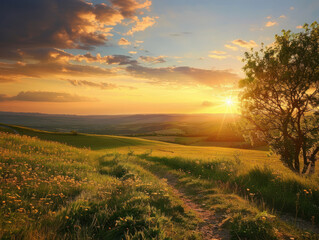 Fototapeta premium A peaceful sunset view from a hilltop, with the sun casting golden light on the landscape and filling the sky with vibrant hues.