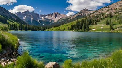 Reflection of a mountain range in a calm, mirror-like lake during summer, surrounded by lush greenery.