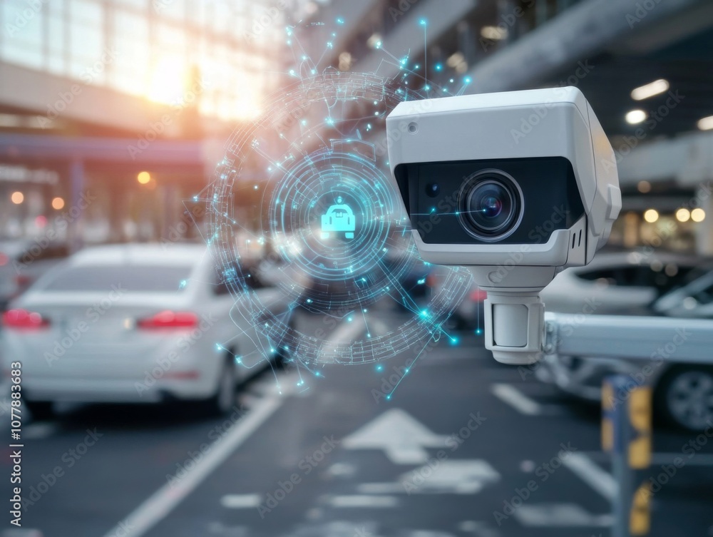 Poster security camera with digital network and lockdown symbol monitoring cars in a city setting