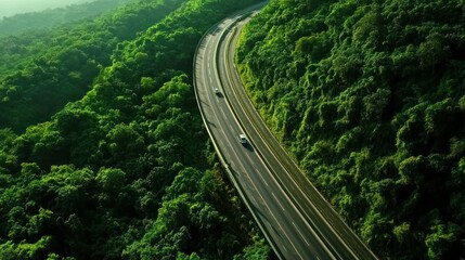 Aerial View of Winding Road Through Lush Green Forest