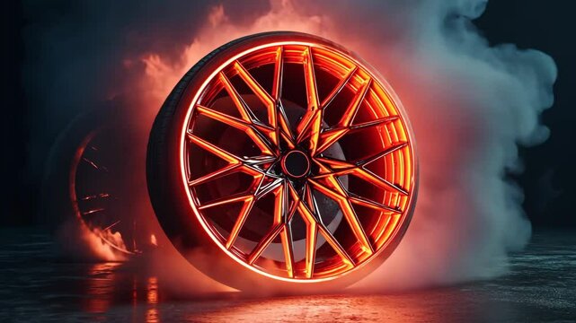 A close-up of a glowing car wheel in motion, surrounded by smoke and fire