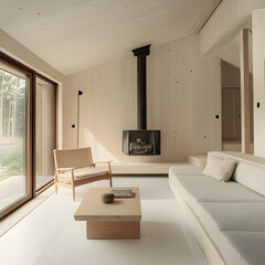 Fototapeta premium a living room with a white couch and a fireplace with a picture of a fire on the wall. Generative AI