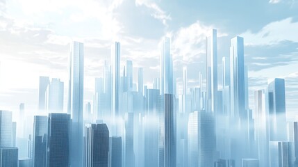 Fototapeta premium A futuristic city skyline shrouded in mist and illuminated by soft light.