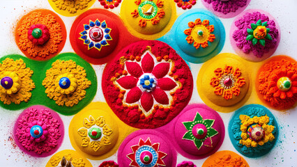 Colorful rangoli powder mounds on isolated white background, symbolic of Indian New Year festivities, stock image