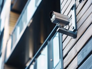 Security camera mounted on an exterior wooden wall of a building