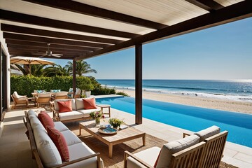 Obraz premium Luxurious Summer Villa with Elegant Oceanside Lounge Spacious Pool and Terrace Overlooking Sunny Beach