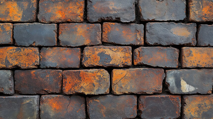 Obraz premium Rustic weathered brick wall with orange and black hues reflecting industrial decay