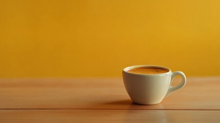 Obraz premium Coffee Cup on Wooden Table with Yellow Background