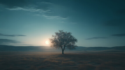 A cinematic shot of a lone tree in a vast field, lit by the last rays of sunlight, symbolizing solitude and peace. Cinematic. Illustration
