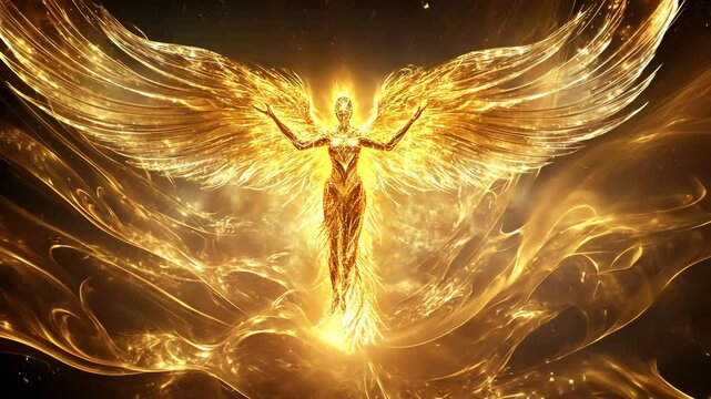 A golden angel with outstretched wings stands against a backdrop of swirling, celestial light